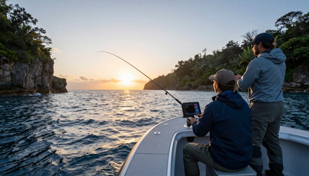 A dynamic fishing scene showcasing a modern boat transitioning from the shoreline to deeper waters, employing strategic positioning for optimal catch rates. In the foreground, the boat is equipped with advanced fishing gear, while two individuals dressed in professional fishing attire are actively observing sonar technology. The middle ground features rippling waves under a vibrant sunrise, casting warm golden and cool blue tones. The background displays rugged cliffs on one side and lush greenery on the other, symbolizing seasonal adjustments in fishing locations. Soft, diffused lighting enhances the serene yet focused atmosphere, captured at a low angle to emphasize the boat’s movement and the interplay of water. The overall mood conveys a sense of action and professionalism in a beautiful natural setting.