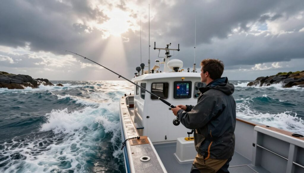 A fishing boat equipped with advanced dynamic positioning technology navigates through choppy waters, effortlessly adjusting its position in response to fluctuating currents and wind. In the foreground, a skilled angler wearing a weather-resistant jacket, focused and determined, casts a line over the boat's edge. The middle ground features the boat, sturdy and modern, with visible electronic equipment on deck showcasing real-time data. In the background, tumultuous waves crash against rocky shorelines under a dramatic sky, emphasizing the challenges of fishing in changing environmental conditions. The lighting is dynamic, with sunbeams breaking through dark clouds, creating a tense yet hopeful atmosphere that reflects the essence of adaptation and strategy. The image is captured from a slightly elevated angle, giving an expansive view of the scene.