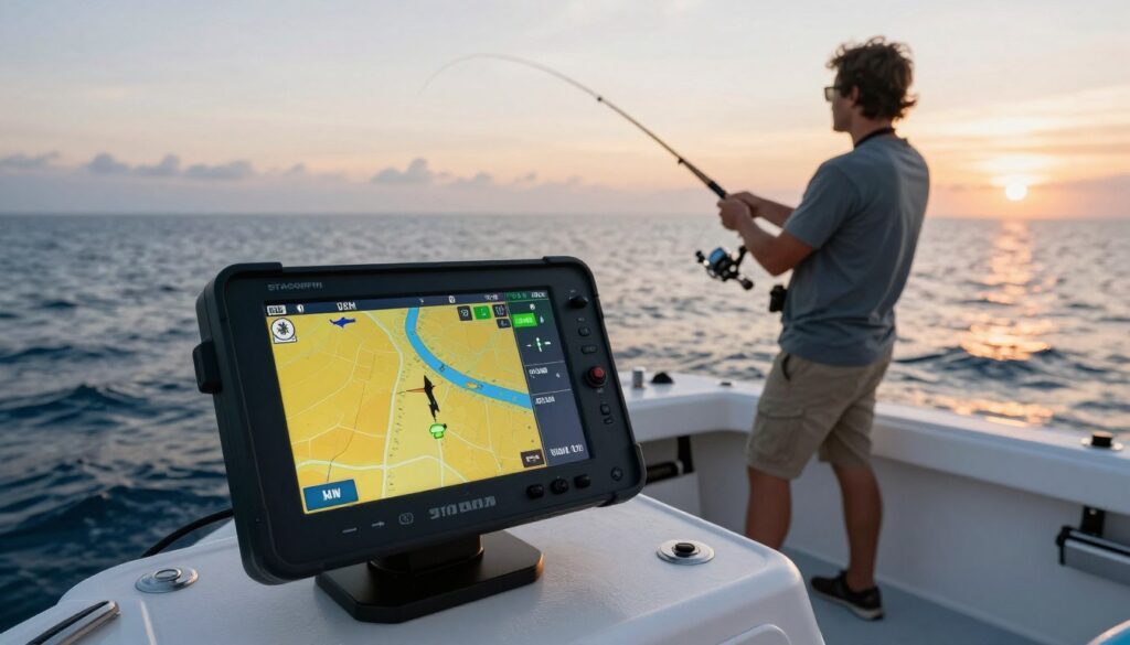 A high-tech fishing boat equipped with advanced GPS systems is depicted in a dynamic open-water scenario. In the foreground, a sleek, state-of-the-art GPS device is prominently displayed, showcasing its vibrant screen with fish locations marked. In the middle ground, a focused angler in modest casual clothing is skillfully casting a line, utilizing the technology for precise positioning. The background features a calm sea under a soft sunrise, casting warm light on the water and creating a tranquil ambiance. The angle is slightly elevated, providing a comprehensive view of the boat’s layout and the surrounding water, evoking a sense of efficiency and modernity in fishing. The atmosphere is calm and professional, illustrating the union of technology and nature. A high-tech fishing boat equipped with advanced GPS systems is depicted in a dynamic open-water scenario. In the foreground, a sleek, state-of-the-art GPS device is prominently displayed, showcasing its vibrant screen with fish locations marked. In the middle ground, a focused angler in modest casual clothing is skillfully casting a line, utilizing the technology for precise positioning. The background features a calm sea under a soft sunrise, casting warm light on the water and creating a tranquil ambiance. The angle is slightly elevated, providing a comprehensive view of the boat’s layout and the surrounding water, evoking a sense of efficiency and modernity in fishing. The atmosphere is calm and professional, illustrating the union of technology and nature.