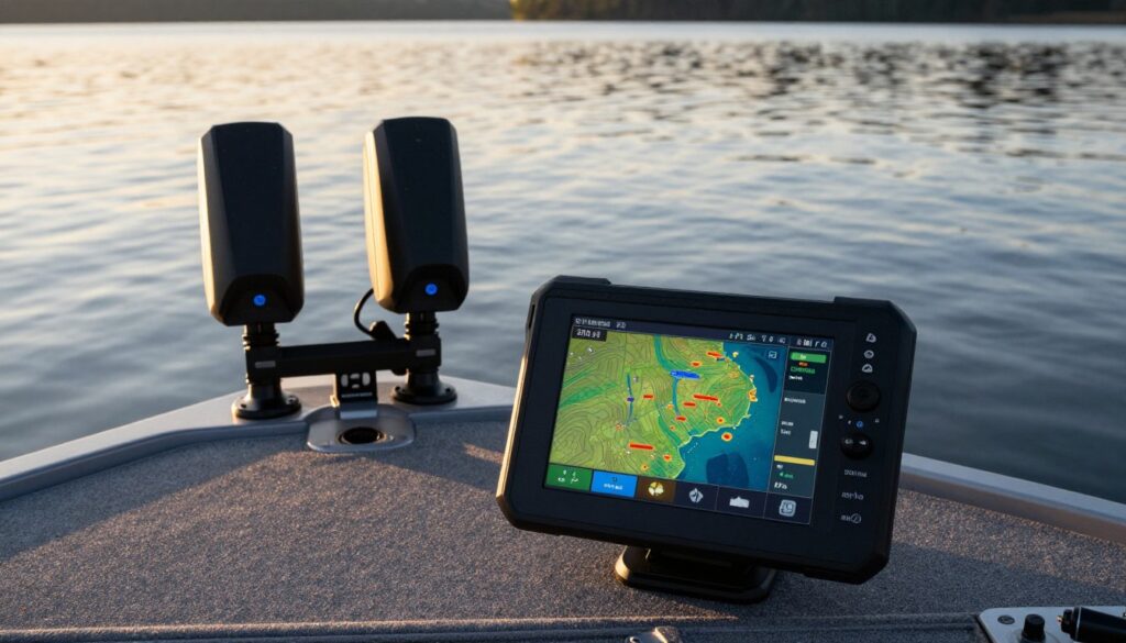 A modern fishing electronics setup displayed on a sleek boat console. In the foreground, a sophisticated fish finder with a bright, interactive screen showcasing detailed underwater topography and fish location. The middle ground features a pair of high-tech transducers mounted on the boat's hull, highlighting the precise signals they emit. In the background, a calm lake with gentle ripples reflects the early morning light, casting soft shadows. The atmosphere is serene yet focused, fitting for troubleshooting common issues. The overall lighting is natural, with a warm golden hue from the rising sun. The camera angle is slightly above eye level, giving a comprehensive view of the electronics in action. No human subjects or additional distractions are present, ensuring a clean and professional representation of fishing technology. A modern fishing electronics setup displayed on a sleek boat console. In the foreground, a sophisticated fish finder with a bright, interactive screen showcasing detailed underwater topography and fish location. The middle ground features a pair of high-tech transducers mounted on the boat's hull, highlighting the precise signals they emit. In the background, a calm lake with gentle ripples reflects the early morning light, casting soft shadows. The atmosphere is serene yet focused, fitting for troubleshooting common issues. The overall lighting is natural, with a warm golden hue from the rising sun. The camera angle is slightly above eye level, giving a comprehensive view of the electronics in action. No human subjects or additional distractions are present, ensuring a clean and professional representation of fishing technology.