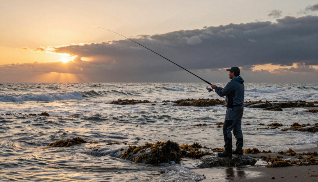 A serene coastal scene focused on shore fishing tactics for competitive anglers. In the foreground, a professional angler dressed in a sleek, modest fishing outfit is skillfully casting a line into the surf. The middle ground features gently lapping waves, interspersed with rocky outcrops and scattered seaweed, creating a dynamic fishing environment. The background captures a vivid sunset, casting warm golden and orange hues across the sky, while dark storm clouds loom at the horizon, hinting at changing weather conditions. The lighting is soft yet dramatic, emphasizing the tensions between calm and storm. The mood is one of focused determination, illustrating the importance of weather and environmental considerations in fishing strategies. The image is devoid of any text or markings, purely depicting the essence of the shore fishing experience.