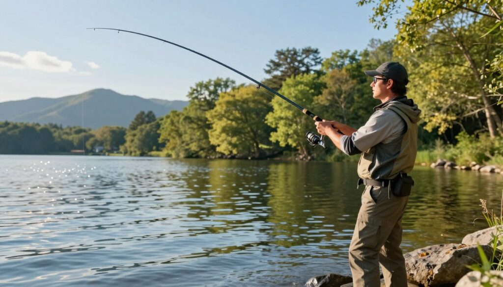 A serene lakeside scene showcasing a competitive angler in professional attire, expertly casting a fishing rod. In the foreground, capture the angler mid-cast, their focused expression and dynamic pose reflecting precision and skill. The fishing line arcs gracefully through the air, hinting at maximum reach. In the middle ground, rippling water sparkles in the afternoon sun, creating a reflective surface that captures the vibrant colors of nature. The background features lush greenery and distant mountains under a clear blue sky, adding depth to the scene. Use warm, natural lighting to enhance the atmosphere of tranquility and focus, while employing a slightly lower angle to emphasize the angler’s technique.