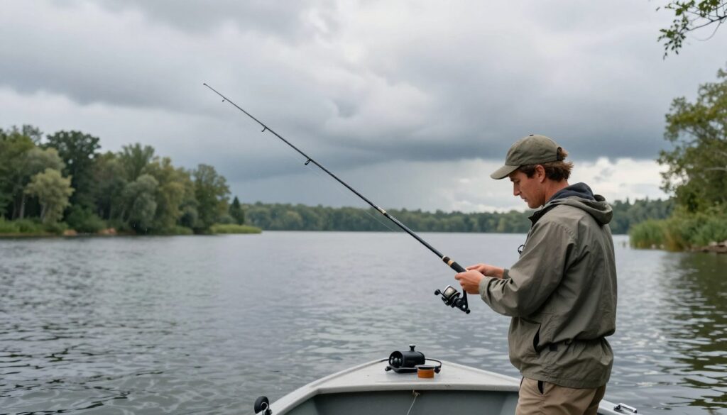 A serene lakeside scene showcasing a fishing strategy adapted to weather changes. In the foreground, a focused fisherman in modest casual clothing expertly adjusts his fishing gear, with attention to the weather conditions. The middle ground displays a small boat gently bobbing in the water, with a fishing rod poised for action, illustrating a tactical position. In the background, rolling gray clouds gather, hinting at an impending rain, while a distant shoreline is lined with lush trees swaying in the breeze. Soft, diffused natural light filters through the clouds, creating a contemplative atmosphere. Capture this scene from a slightly elevated angle to emphasize both the fisherman’s concentration and the dramatic weather backdrop, evoking a sense of strategy and adaptability in fishing.