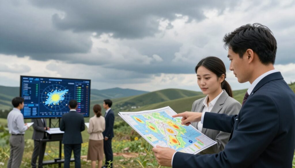 A serene landscape showcasing a diverse group of professionals analyzing weather patterns, illustrating the concept of weather adaptation. In the foreground, two individuals in business attire study a weather map, pointing at various data points. The middle ground features a digital display with animated weather charts, while in the background, rolling hills and a dynamic sky filled with shifting clouds represent changing weather conditions. The lighting is bright, capturing the optimism of finding new strategies inspired by nature. The angle is slightly elevated, giving a panoramic view of this collaborative scene, emphasizing teamwork and innovation. The color palette is vibrant yet balanced, evoking a sense of adaptability and forward-thinking in the face of environmental challenges.