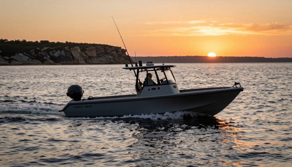 A tactical boat positioned skillfully on the water, showcasing advanced maneuvering techniques. In the foreground, the boat, equipped with fishing gear, appears dynamic and purposeful, cutting through the reflective surface of the water. The midground features subtle waves indicating the direction of water currents, creating a sense of motion and urgency. In the background, a rugged shoreline is silhouetted against a vibrant sunset, casting warm hues across the sky, while the fading light enhances the scene's atmosphere. The angle is slightly elevated, providing a comprehensive view of the positioning strategy in action. Soft natural lighting emphasizes the boat’s details, creating a serene yet focused mood ideal for sport fishing. A tactical boat positioned skillfully on the water, showcasing advanced maneuvering techniques. In the foreground, the boat, equipped with fishing gear, appears dynamic and purposeful, cutting through the reflective surface of the water. The midground features subtle waves indicating the direction of water currents, creating a sense of motion and urgency. In the background, a rugged shoreline is silhouetted against a vibrant sunset, casting warm hues across the sky, while the fading light enhances the scene's atmosphere. The angle is slightly elevated, providing a comprehensive view of the positioning strategy in action. Soft natural lighting emphasizes the boat’s details, creating a serene yet focused mood ideal for sport fishing.