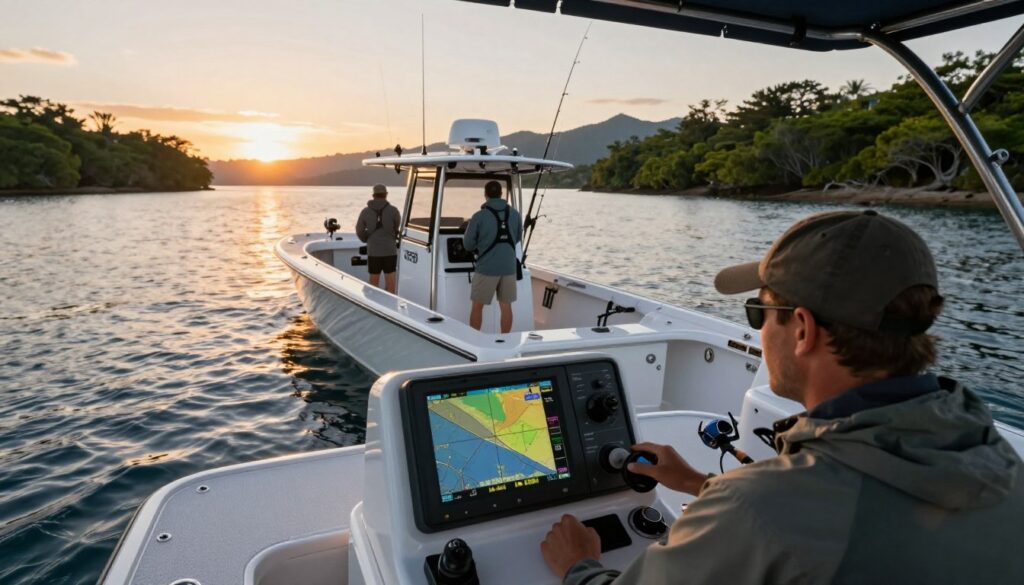 A tactical fishing boat positioned strategically on serene waters during the golden hour, accentuated by warm, soft lighting that highlights the boat's sleek design. In the foreground, a state-of-the-art sonar and GPS system displayed on a console, with a focus on fish detection and navigational information. The middle ground features the boat's bow cutting through light ripples, with anglers in professional fishing attire attentively monitoring the electronics. The background showcases a picturesque shoreline with rich green foliage and distant mountains under a vibrant sunset sky, casting a tranquil mood. The image shot from a slightly elevated angle to capture both the boat's dynamics and the surrounding environment, emphasizing precision and control in tactical boat positioning for sport fishing. A tactical fishing boat positioned strategically on serene waters during the golden hour, accentuated by warm, soft lighting that highlights the boat's sleek design. In the foreground, a state-of-the-art sonar and GPS system displayed on a console, with a focus on fish detection and navigational information. The middle ground features the boat's bow cutting through light ripples, with anglers in professional fishing attire attentively monitoring the electronics. The background showcases a picturesque shoreline with rich green foliage and distant mountains under a vibrant sunset sky, casting a tranquil mood. The image shot from a slightly elevated angle to capture both the boat's dynamics and the surrounding environment, emphasizing precision and control in tactical boat positioning for sport fishing.
