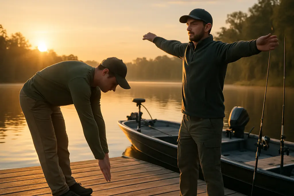 Angler fitness tips session with rods, bands, and water bottles beside a dock
