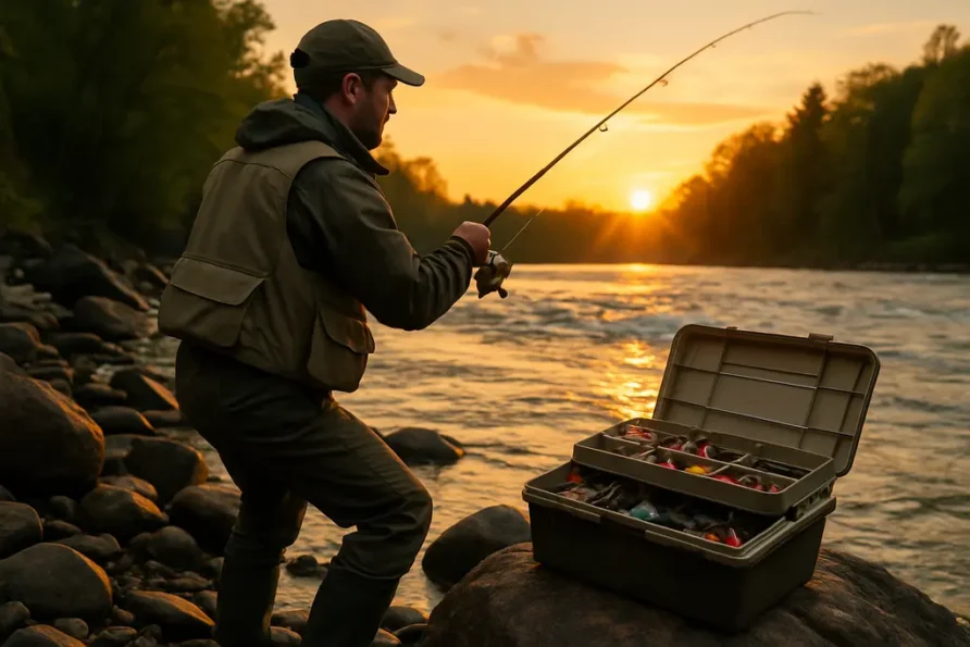 Big cats gear laid out on a riverbank beside a heavy catfish rod and tackle box