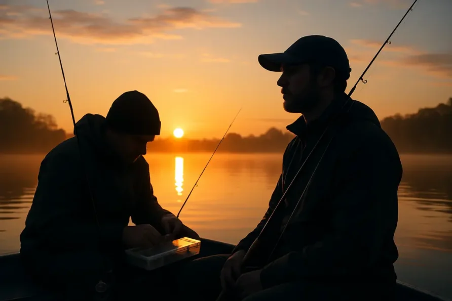 Angler checks fishing regulations changes before setting catfish rods at a river ramp