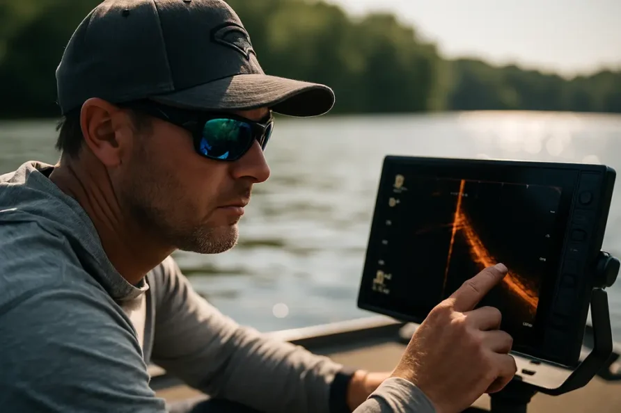 Angler using forward-facing sonar ethics while casting from a bass boat at sunrise