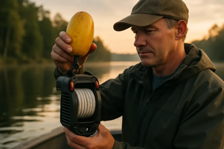 Angler checks chart plotter for Ropeless Gear Regulations before setting catfish rods