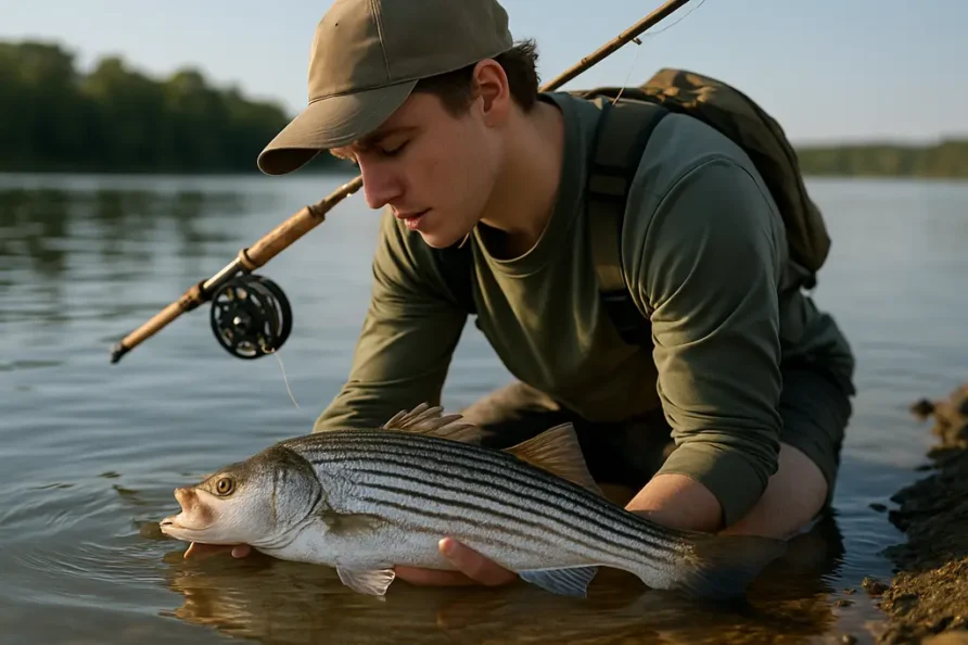 Angler practicing striped bass conservation with a quick boat-side release