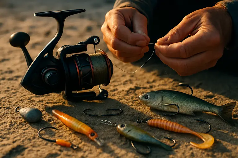 Angler testing drag tension on a spinning reel mounted to a catfish rod