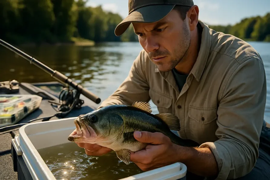 Angler practicing black bass tactics from a bass boat on a clear reservoir