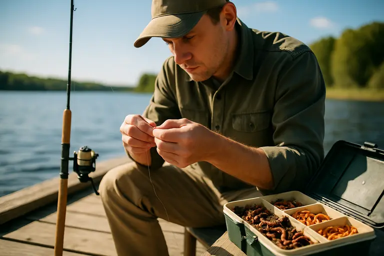 Catfish angler prepares release tools and a landing net before fishing