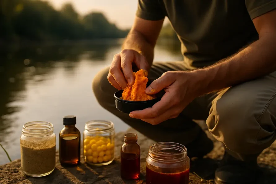 Angler testing catfish bait innovations at a tackle station beside a river