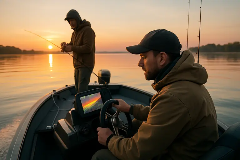 catfish boat holding near a ledge with shallow water anchors deployed