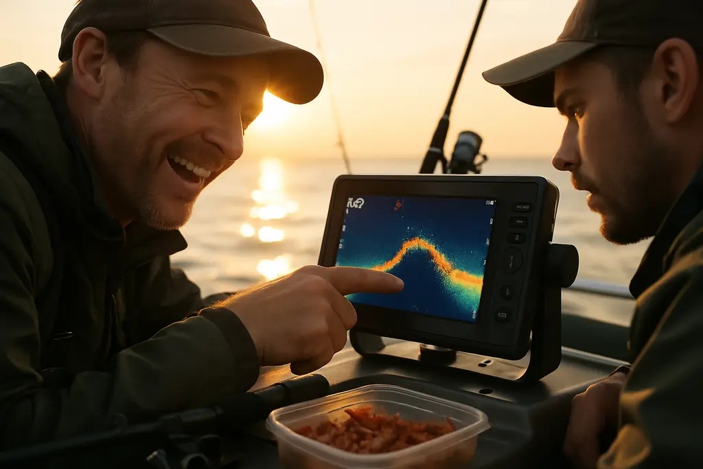 catfish electronics screens on a boat scanning a river channel at sunrise