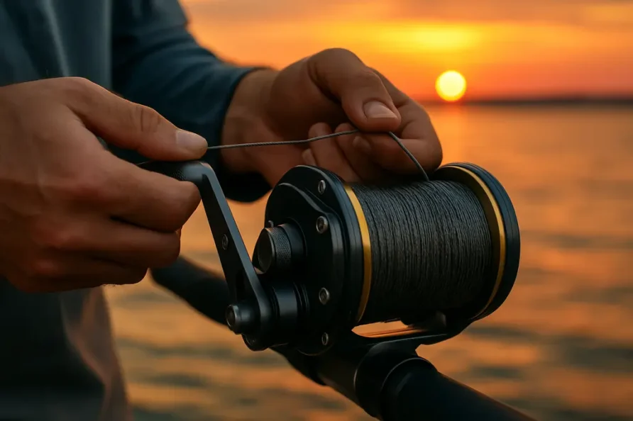 Catfish Showdown Gear laid out with rods, reels, leaders, hooks, and sinkers on a boat deck