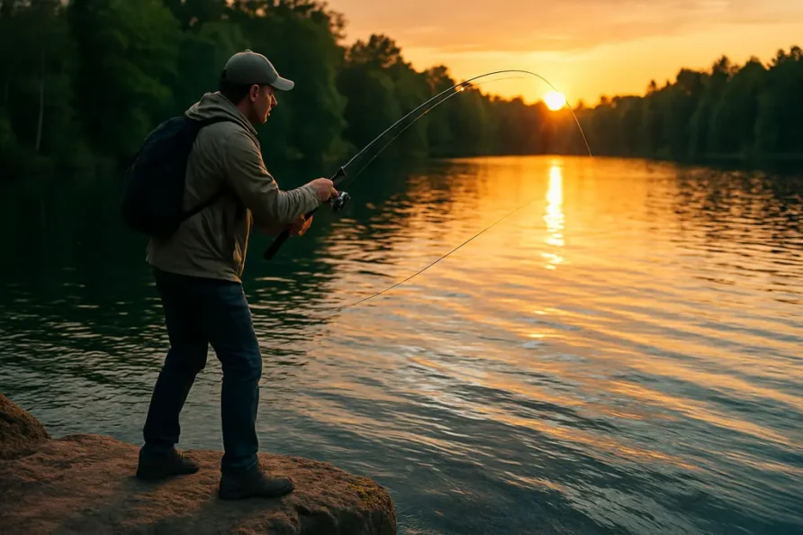 Angler practicing deep-water fishing techniques with a dropshot rod from a bass boat