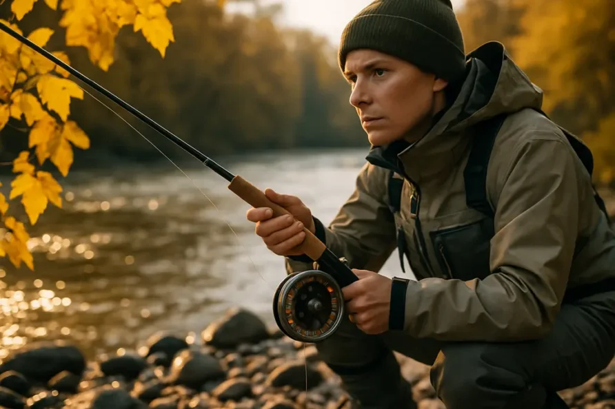 Angler doing Fall Fishing Fitness balance drills beside a wet boat ramp