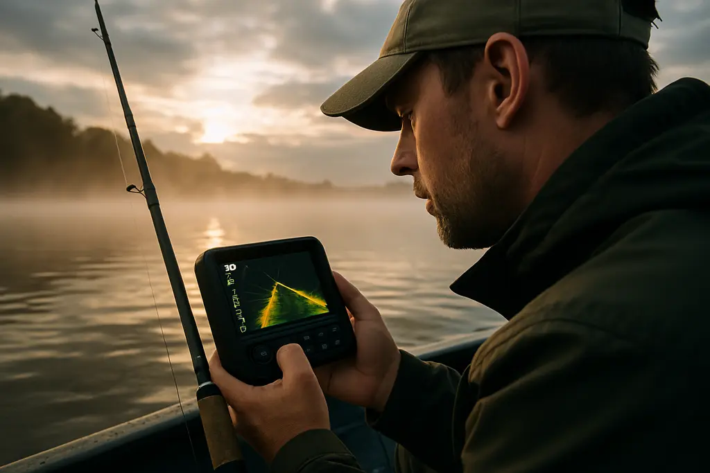 Angler using live-imaging sonar while casting toward suspended fish from a bass boat