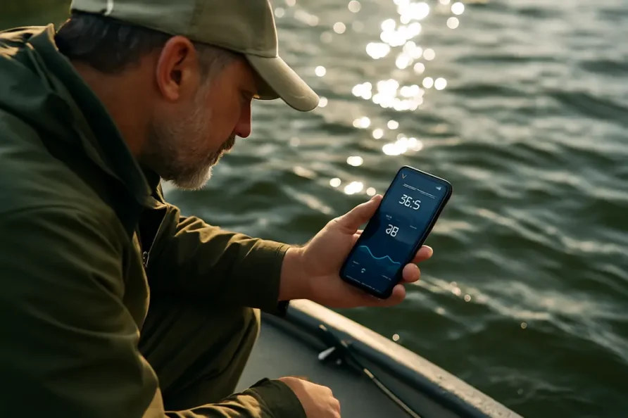 Angler using Low Oxygen Fishing tactics on a warm lake with a sonar screen nearby