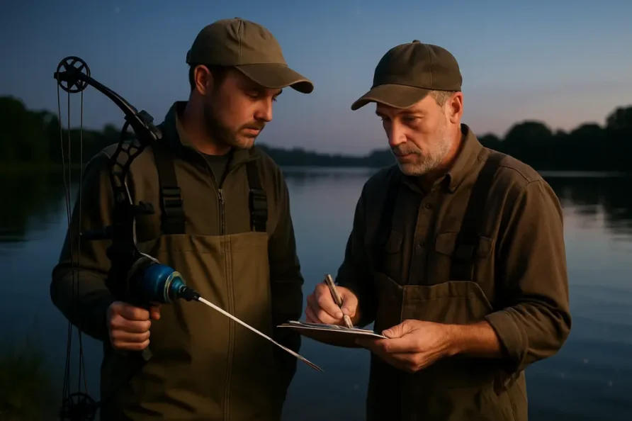 New Jersey bowfishing setup with bow, reel, and line on a dock before launch