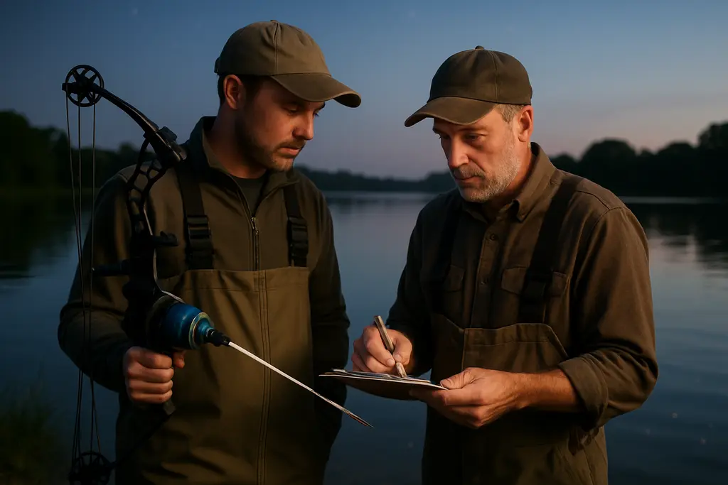 New Jersey bowfishing setup with bow, reel, and line on a dock before launch