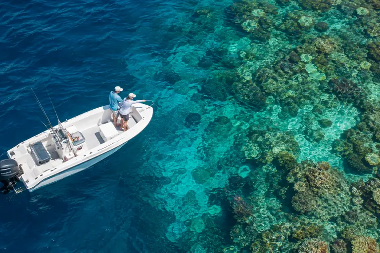 Offshore crew studies a chart with reef marks and route lines