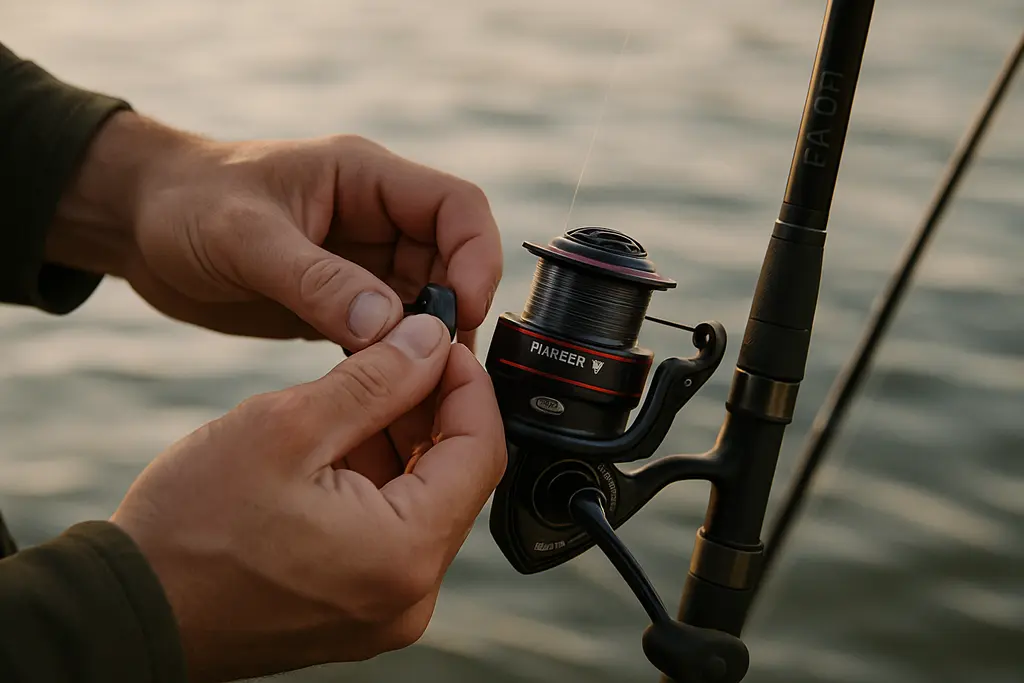 PENN Fierce V spinning reel on a catfish rod beside cut bait and heavy line