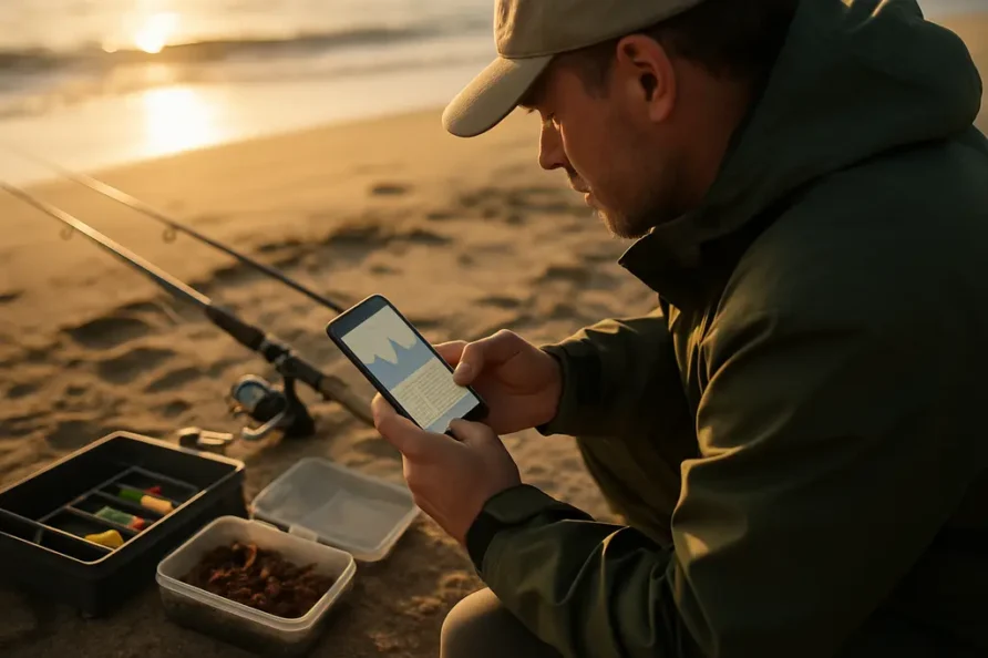 Angler preparing rods and bait for a surf fishing challenge on a Carolina beach